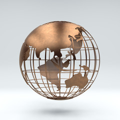 Metal bronze globe view asia and Australia, 3d rendering