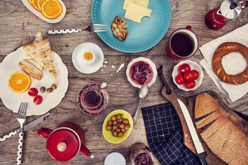 Breakfast time on wooden table