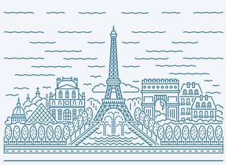 Paris city skyline view with Eiffel Tower, Triumphal arch, The National Residence of the Invalids, Louvre, pyramid, cathedrals, buildings, fountains and other attractions. Flat style.