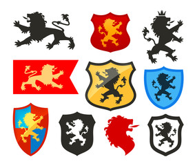 Obraz na płótnie Canvas Shield with lion, heraldry vector logo. Coat of arms icons