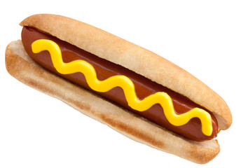 Hot Dog classic with mustard isolated on white. American Fast food.