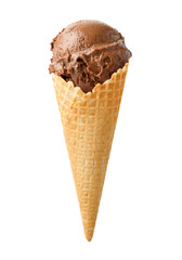 Chocolate Ice cream in the cone on white background