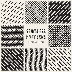 Set of Eight Vector Seamless Black and White Hand Drawn Jumble Lines Patterns