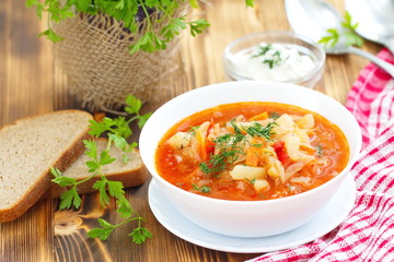 Traditional Russian Ukrainian vegetable borscht soup