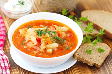 Traditional Russian Ukrainian vegetable borscht soup