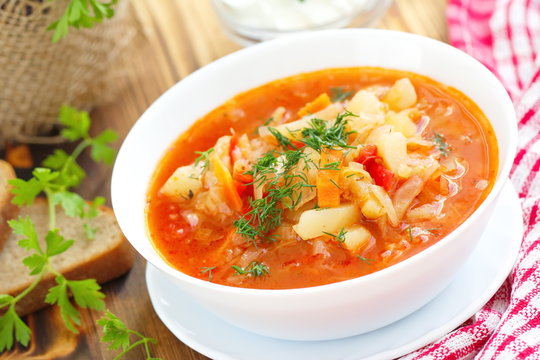 Traditional Russian Ukrainian vegetable borscht soup