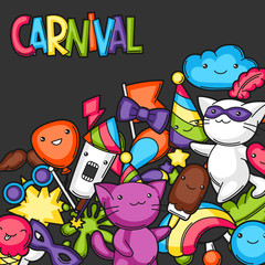 Carnival party kawaii background. Cute cats, decorations for celebration, objects and symbols