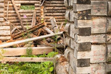 Outward wooden blockhouse wall.