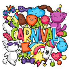 Obraz premium Carnival party kawaii print. Cute cats, decorations for celebration, objects and symbols