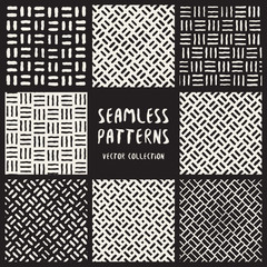 Set of Eight Seamless Black and White Hand Drawn Diagonal Lines Geometric Patterns Collection