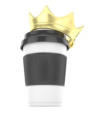 Coffee cup with golden crown on white background. Concept of luxury royal coffee. 3D rendering.