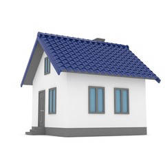 Isolated home with blue roof on white. 3D rendering.