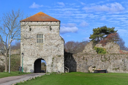 PORTCHESTER, HAMPSHIRE, ENGLAND, 30 MAR 2015: Portchester Castle is a medieval castle built within a former Roman fort at Portchester to the east of Fareham