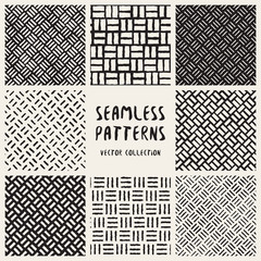 Set of Eight Seamless Black and White Hand Drawn Diagonal Lines Geometric Patterns Collection