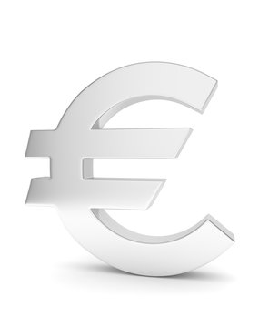 Isolated silver euro sign on white background. European currency. Concept of investment, european market, savings. Power, luxury and wealth. 3D rendering.