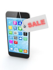 Smart phone with red sale label on white background. Best offer. Leader of sales. 3D rendering.