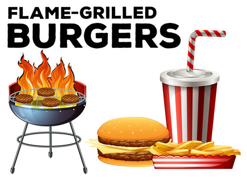 Burgers on grill and hamburger set with drink