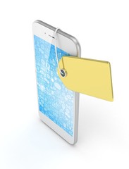 White smart phone with golden price tag on white background. Identification, price, label. Luxury and expensive offer. 3D rendering.