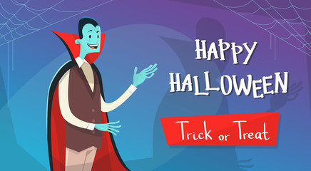 Happy Halloween Banner Invitation Card Vampire Cartoon Man Character