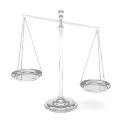 Isolated white silver scales on white background. Symbol of judgement. Law, measurement, liberty in one concept. 3D rendering.