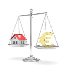 Isolated silver scales with golden euro and house on white background. Investment or savings concept. Real estate and currency. 3D rendering.