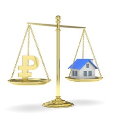 Isolated golden scales with golden rouble and house on white background. Investment or savings concept. Real estate and currency. 3D rendering.