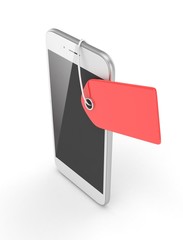 White smart phone with red price tag on white background. Identification, price, label. 3D rendering.