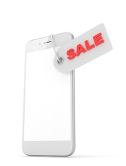 White smart phone with red sale label on white background. Best offer. Leader of sales. 3D rendering.