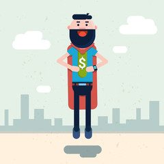 Business Man Wear Super Hero Suit With Dollar Sign