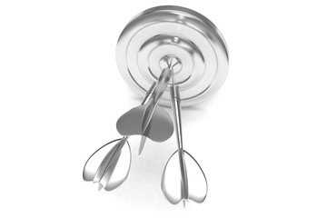 Three arrows darts in center. 3d rendering.