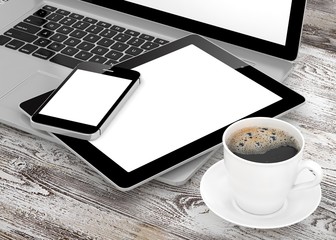 Laptop, phone, tablet pc and coffee. 3d rendering.
