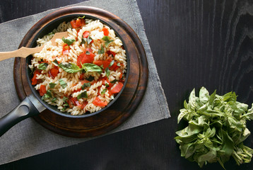 Homemade pasta: the pasta, tomato sauce and fresh basil