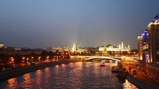 Traffic on Moscow river by night in the Russia Federation capital