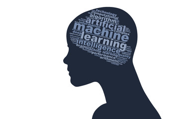 Head with word cloud brain, containing words related to machine learning and artificial intelligence
