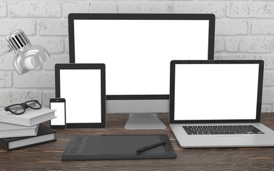 Fototapeta premium Responsive mockup screen. Monitor, laptop, tablet, phone on table in office. 3d rendering.