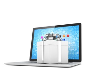 Gift box with ribbon bow on laptop keyboard. 3d rendering.