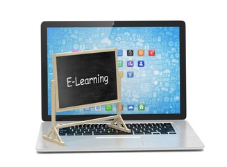  Laptop with chalkboard, e-learning, online education concept. 3d rendering.