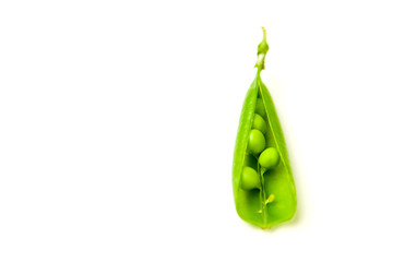 Pea pod and pea seeds on over white