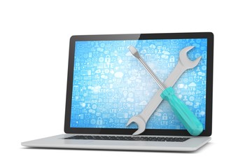 3D Illustration Wrench and screwdriver on laptop, service concept