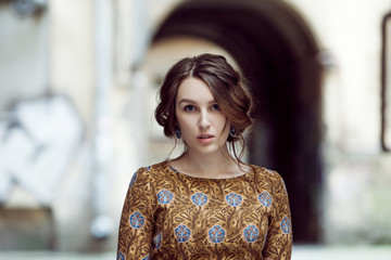 beautiful romantic girl on the street, portrait, close-up