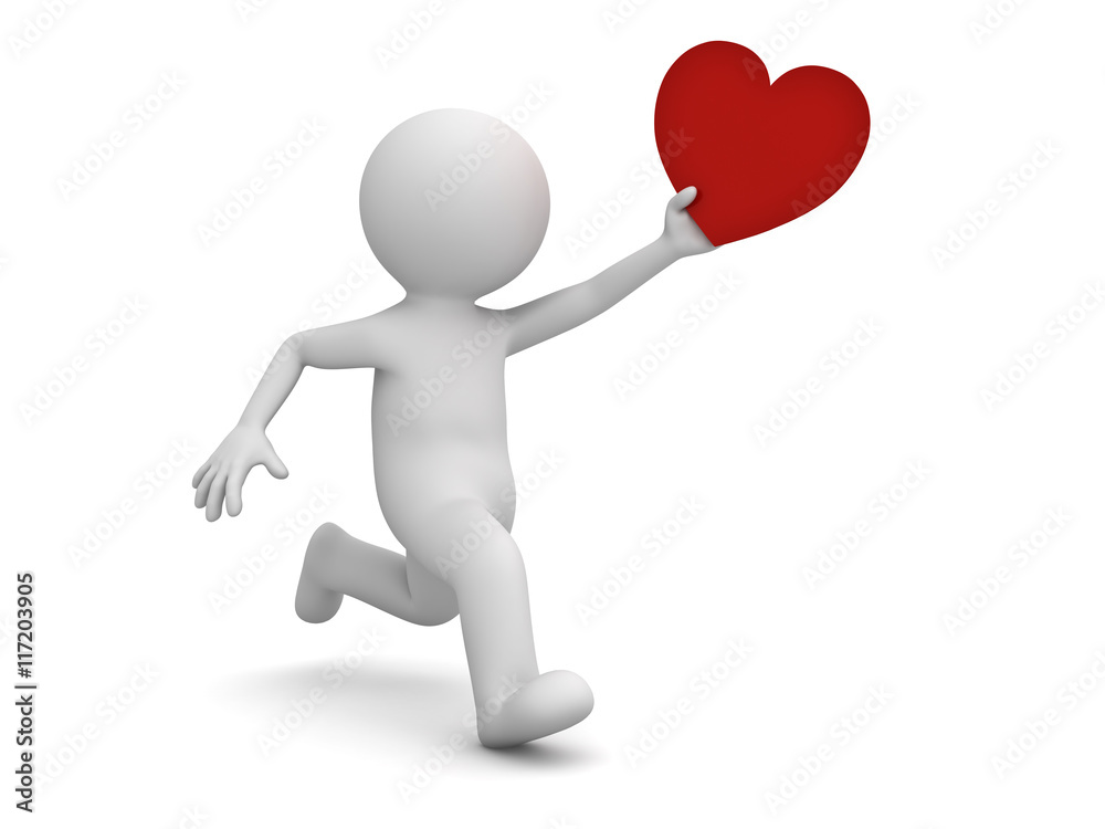Poster 3d man running and holding red heart isolated over white background