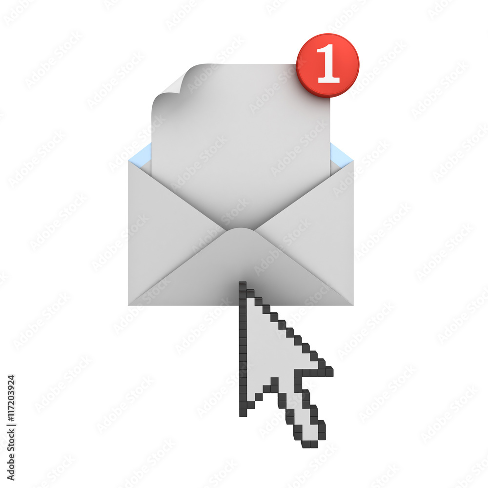 Aufkleber Arrow cursor clicking E mail notification one new email message in the inbox concept isolated on white background with shadow