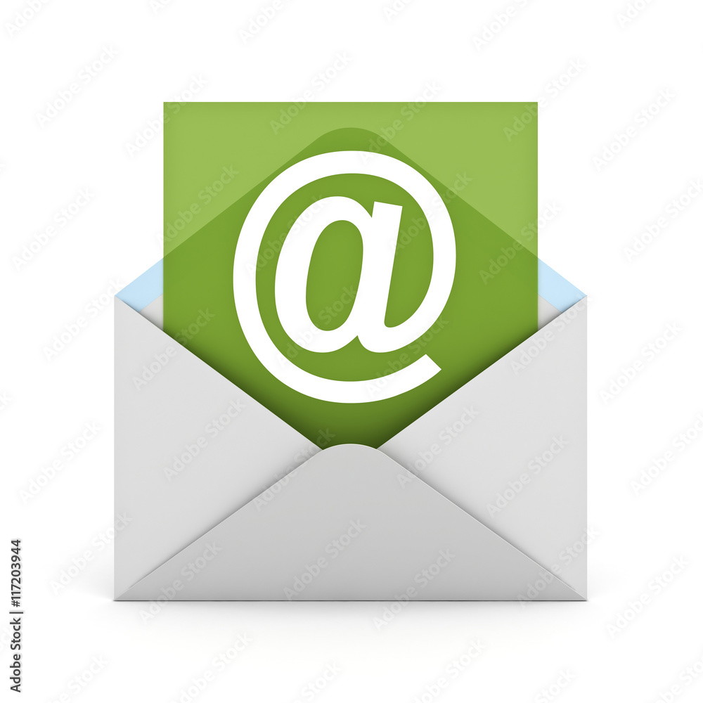 Poster White at sign mail on green paper in envelope E mail concept isolated on white background with reflection