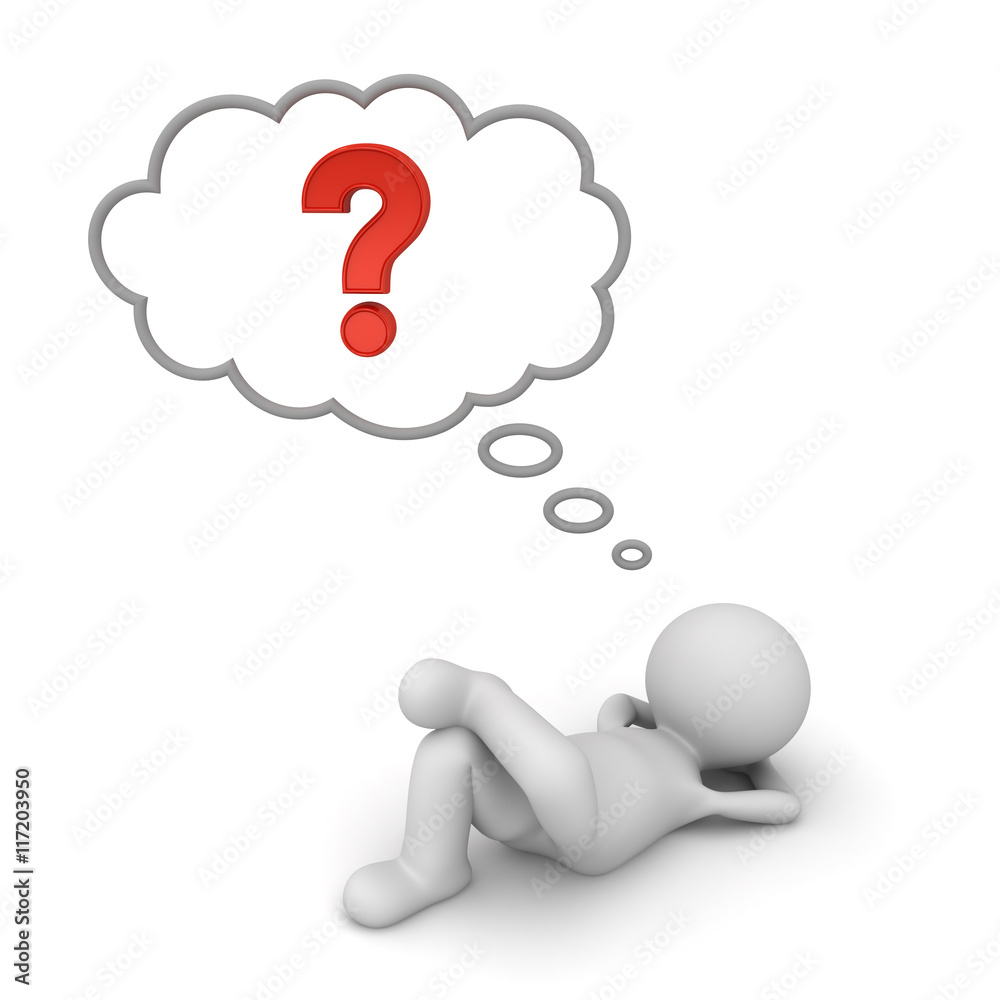 Leinwandbilder 3d man lying down with red question mark in thinking bubble concept isolated on white floor backgrou