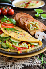 Omelet with pepper, tomato, corn, green onion, cucumber, mushroo