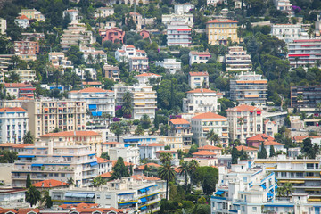 Houses in the harbor of Nice in France with some boats, seen from above from behind the cactus trees
