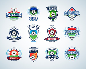 Soccer logo templates set. Football logotypes. Set of soccer football crests and logo template emblem designs, logotypes design concepts of football icons. Collection of Soccer Themed T shirt Graphics