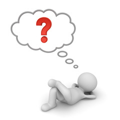 3d man lying down with red question mark in thinking bubble concept isolated on white floor background