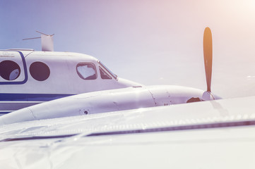Flying propeller plane, close up