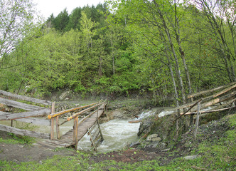 Old wooden bridge over the mountain stream